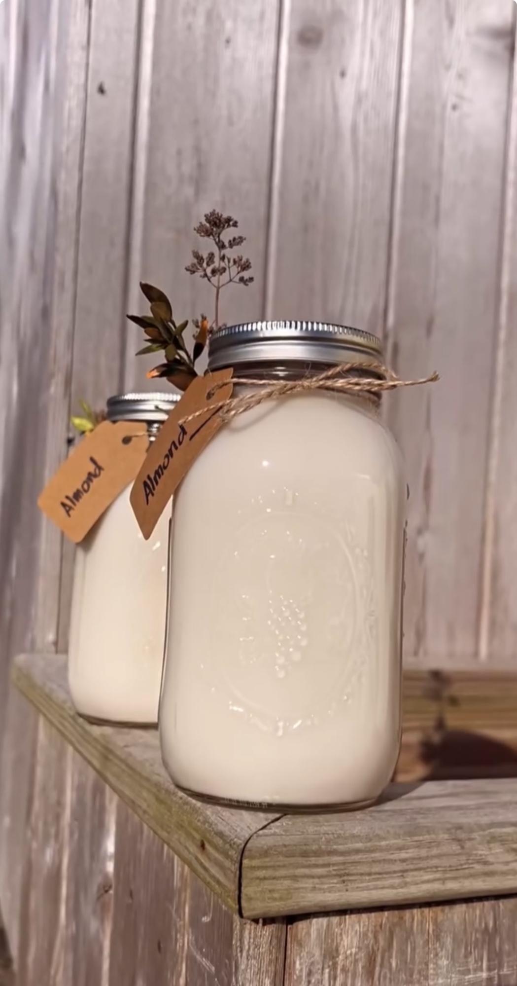 Mason jars of fresh almond milk